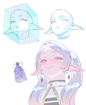 1girl absurdres blush capelet clothes-dissolving_potion commentary cropped_head earrings elf english_commentary eyelashes frieren glass_bottle gold_trim green_eyes grey_hair hair_over_shoulder half-closed_eyes head_back highres jewelry long_pointy_ears looking_at_viewer meme naughty_face nose_blush parted_bangs pointy_ears shirt simple_background smug solo sousou_no_frieren striped_clothes striped_shirt teardrop_earrings thick_eyebrows twintails upper_body upward_angle_frieren_drawing_(meme) white_background white_capelet wonbin_lee