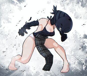 1girl bare_shoulders barefoot black_camisole black_gloves black_shirt bomb bomb_devil_(chainsaw_man) breasts camisole chainsaw_man cleavage clenched_teeth elbow_gloves explosive full_body gloves hamzzirong highres lunging medium_breasts panties reze_(chainsaw_man) shirt solo spaghetti_strap teeth underwear white_panties