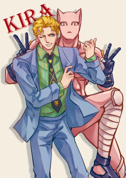 Rule 34 | 1boy, blonde hair, blue eyes, character name, collared shirt, commentary request, diamond wa kudakenai, double v, formal clothes, gloves, grin, highres, ichiroyama5409, jojo no kimyou na bouken, killer queen, kira yoshikage, long sleeves, looking to the side, male focus, necktie, one eye closed, shirt, short hair, smile, stand (jojo), striped clothes, striped shirt, suit, v