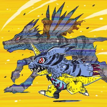 2boys claws cloak digimon digimon_(creature) digimon_adventure:_(2020) evolutionary_line full_body garurumon gradient_background ishida_yamato looking_ahead multiple_boys official_art orange_background outdoors red_eyes riding_digimon running sharp_teeth simple_background tail teeth watanabe_kenji wind wolf yellow_background yellow_eyes
