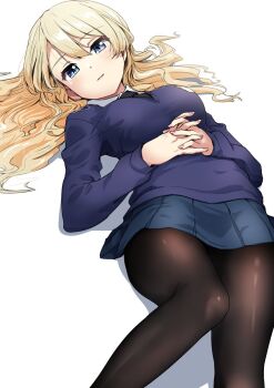 1girl black_necktie black_pantyhose blonde_hair blue_eyes blue_skirt blue_sweater blush breasts buchikaki collared_shirt commentary_request darjeeling_(girls_und_panzer) emblem girls_und_panzer highres large_breasts long_hair long_sleeves looking_at_viewer lying necktie on_back own_hands_clasped own_hands_together pantyhose pleated_skirt school_uniform shirt simple_background skirt solo st._gloriana's_school_uniform sweater v-neck white_background white_shirt