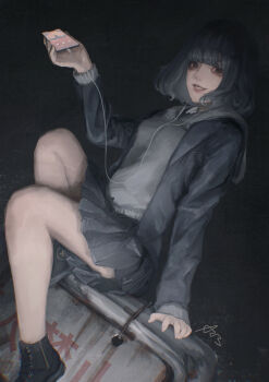 1girl absurdres arai_bokuseki black_shoes blue_hair blue_jacket blue_skirt blunt_bangs breasts dark grin highres holding holding_phone hood hooded_jacket hoodie jacket lips listening_to_music original phone shoes short_hair signature sitting skirt smile solo wire