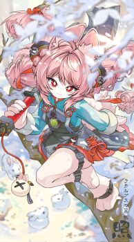 :3 animal_ear_fluff animal_ear_piercing animal_ears animal_feet anklet blurry blurry_background blurry_foreground braid braided_twintails branch closed_mouth commentary furry furry_female green_shirt highres holding holding_sword holding_weapon jewelry leg_up long_hair looking_at_viewer mising_0033 on_branch outdoors over_shoulder pink_fur pink_hair rabbit rabbit_ears rabbit_girl red_eyes screw shirt short_eyebrows snow sword thick_eyebrows thigh_strap tree weapon weapon_over_shoulder zenless_zone_zero zhao_(zenless_zone_zero)