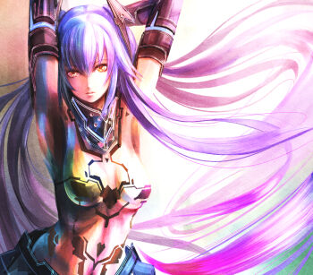 1girl arms_up black_trim blue_hair bodysuit breasts commentary_request covered_armpit floating_hair gorget gradient_hair hair_between_eyes headgear hip_armor long_hair looking_at_viewer medium_breasts multicolored_hair orange_eyes parted_lips phantasy_star phantasy_star_online_2 purple_hair quna_(pso2) sidelocks solo sushi_(sashimise) twintails two-tone_hair upper_body very_long_hair yellow_bodysuit zelsius