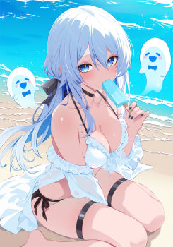 1girl ashinobu_panda barefoot beach bikini black_bow black_choker black_nails blue_bow blue_bowtie blue_eyes bow bowtie breasts character_request choker collarbone commentary commission copyright_request day double-parted_bangs eating english_commentary fellatio food frilled_bikini frilled_shirt frills from_above full_body ghost hair_between_eyes hair_bow hand_up highres holding holding_food holding_popsicle large_breasts long_bangs long_hair looking_at_viewer melting_popsicle mismatched_bikini nail_polish on_ground oral outdoors popsicle raised_inner_eyebrows see-through_clothes see-through_shirt shirt shirt_partially_removed side-tie_bikini_bottom simulated_fellatio sitting solo sparkle swimsuit thigh_strap virtual_youtuber wariza water white_shirt