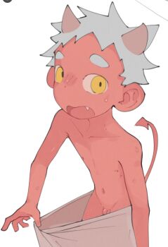 1boy colored_skin demon_tail fang grey_hair highres horns male_focus nipples open_mouth original penis red_skin short_hair shota small_penis solo tail toasteroli white_background yellow_eyes