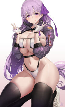 Rule 34 | 1girl, absurdres, bikini, black thighhighs, blush, breasts, choker, cleavage, closed mouth, cropped jacket, double v, eyepatch bikini, fingerless gloves, gloves, hair ribbon, highleg, highleg bikini, highres, jacket, kneeling, large breasts, licking lips, long hair, long sleeves, looking at viewer, navel, purple eyes, purple hair, purple jacket, purple nails, purple ribbon, ribbon, shoes, smile, solo, stomach, swimsuit, thighhighs, thighs, tongue, tongue out, uo denim, v, very long hair, white bikini, white footwear, white gloves