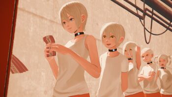 5girls black_collar blue_eyes collar hair_between_eyes hands_up holding homugi1214 multiple_girls open_mouth original short_hair smile tank_top ticket twintails upper_body queue white_hair white_tank_top yellow_eyes