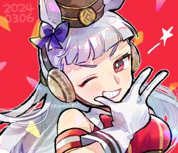 Rule 34 | 1girl, animal ears, blue bow, blush, bow, confetti, dated, doradorakingyo, gloves, gold ship (umamusume), grey hair, grin, horse ears, long hair, looking at viewer, one eye closed, red background, red eyes, smile, solo, star (symbol), umamusume, very long hair, white gloves