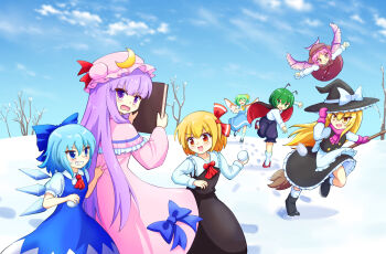 &gt;:) &gt;_&lt; 6+girls :&gt; :d :o antennae apron ascot back_bow bird_wings black_dress black_shoes black_shorts blonde_hair blue_bow blue_dress blue_eyes blue_hair blue_sky blush book bow breasts broom brown_dress buttons cape capelet chasing cirno cloud cloudy_sky collared_shirt commentary_request crescent crescent_hat_ornament crystal_wings daiyousei detached_wings dot_nose dress dress_bow dress_tug fairy_wings flying footprints frilled_capelet frills full_body green_eyes green_hair grin hair_bow hair_ribbon hat hat_bow hat_ornament highres holding holding_book holding_broom holding_snowball ice ice_wings kirisame_marisa large_bow long_hair long_sleeves looking_at_another looking_back medium_breasts mittens mob_cap multiple_girls mystia_lorelei open_mouth outdoors patchouli_knowledge pinafore_dress pink_bow pink_capelet pink_eyes pink_hair pink_hat pink_mittens pink_scarf puffy_short_sleeves puffy_sleeves purple_eyes purple_hair red_ascot red_bow red_cape red_eyes red_shoes ribbon rumia running scarf shirt shirt_under_dress shoes short_hair short_sleeves shorts side_ponytail sidelocks sky sleeveless sleeveless_dress smile snow snowball socks standing standing_on_one_leg striped_capelet team_9_(touhou) throwing touhou tree tress_ribbon v-shaped_eyebrows very_long_hair waist_apron white_bow white_shirt white_socks wing_collar winged_hat wings witch_hat wriggle_nightbug yellow_bow yellow_eyes yoruniwa
