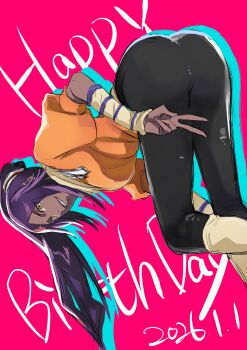 1girl anno_im bleach breasts dark-skinned_female dark_skin dated english_text female_focus hair_ornament happy_birthday highres leaning_forward long_hair pants peace_symbol ponytail purple_hair shihouin_yoruichi yellow_eyes