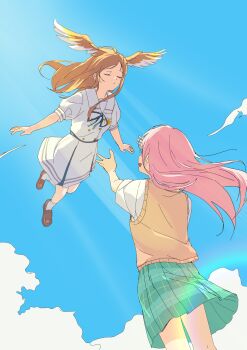 Rule 34 | 2girls, absurdres, artist request, bang dream!, bang dream! it's mygo!!!!!, blue ribbon, brown hair, brown shoes, brown sweater vest, chihaya anon, chinese commentary, cloud, commentary request, commission, dress, flying, green skirt, haneoka school uniform, head wings, highres, long hair, multiple girls, nagasaki soyo, neck ribbon, open mouth, outstretched arm, pink hair, plaid clothes, plaid skirt, pleated skirt, ribbon, school uniform, second-party source, shoes, skirt, sky, socks, sweater vest, tsukinomori school uniform, white dress, white socks, wings