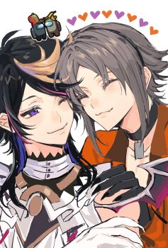 2boys ^_^ absurdres black_choker black_gloves black_hair black_hairband black_nails blue_hair blush brown_hair chinese_commentary choker closed_eyes demon_wings eyelashes fake_wings fang fang_out fingernails frilled_shirt frills gloves hairband hand_on_another&#039;s_shoulder heart highres kayu_(yukagoin) long_hair looking_at_another male_focus multicolored_hair multiple_boys mysta_rias nijisanji nijisanji_en one_eye_closed orange_shirt pendant_choker pink_hair purple_eyes sharp_fingernails shirt short_hair shu_yamino sidelocks smile streaked_hair turtleneck upper_body virtual_youtuber white_background white_gloves white_shirt wings yaoi