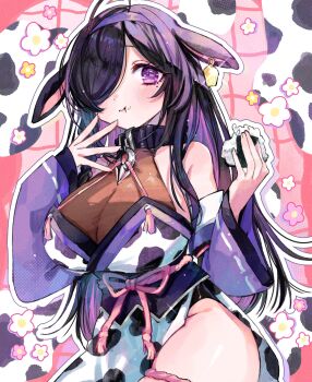 1girl 3968 :t ahoge animal_ears animal_print bare_shoulders belt_collar black_collar black_hair blush braid breasts collar colored_inner_hair cow_ears cow_girl cow_print cow_tail cowboy_shot detached_sleeves ear_tag eating floral_background food food_on_face hair_over_one_eye hair_ribbon hairband hand_to_own_mouth highres holding holding_food japanese_clothes kimono large_breasts long_hair long_sleeves looking_at_viewer mole mole_under_eye multicolored_hair nijisanji obi obijime one_eye_covered onigiri outline parted_bangs pink_background pink_ribbon print_kimono purple_eyes purple_hair purple_hairband purple_sleeves ribbon ribbon-trimmed_sleeves ribbon_trim sash see-through_cleavage see-through_clothes side_braid side_slit sidelocks single_braid solo sparkle standing streaked_hair tail tassel thigh_strap virtual_youtuber white_outline wide_sleeves yagyu_shino