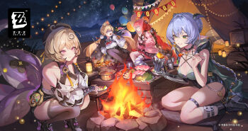 absurdres alice_thymefield animal_ears asymmetrical_legwear bare_shoulders black_boots black_gloves black_pantyhose black_thighhighs blonde_hair blue_hair boots breasts camping cardigan chopsticks chyoel cleavage fingerless_gloves fire food gloves highres holding holding_chopsticks holding_food horns looking_at_another low_twintails lucia_elowen mole mole_under_mouth monster_girl night official_art open_mouth outdoors pantyhose pink_cardigan pointy_ears rabbit_ears rabbit_girl red_hair second-party_source shirt single_glove single_sock single_thighhigh skirt sky smile socks striped_clothes striped_thighhighs tentacle_tail tentacles thigh_strap thighhighs twintails ukinami_yuzuha uneven_legwear white_shirt white_socks yidhari_murphy zenless_zone_zero
