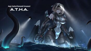 Rule 34 | 1girl, absurdres, aircraft, bare shoulders, black gloves, bodysuit, breasts, building, chinese commentary, cityscape, commentary request, covered navel, english text, fingerless gloves, giant, giantess, gloves, grey eyes, gun, helicopter, highres, holding, holding gun, holding weapon, impossible bodysuit, impossible clothes, large breasts, large variant set, looking at viewer, mecha musume, medium hair, night, original, rain, red pupils, searchlight, sherman (egnk2525), skin tight, skyscraper, tentacles, thigh strap, variant set, wading, water, weapon