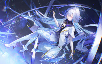 1girl absurdres chinese_commentary closed_mouth commentary_request dress earrings from_side grey_hair halo high_heels highres id_card jacket jewelry long_hair looking_to_the_side mornye_(wuthering_waves) purple_dress red_eyes sanmen see-through_body solo tacet_mark_(wuthering_waves) triangle_earrings turning_head very_long_hair white_jacket wuthering_waves