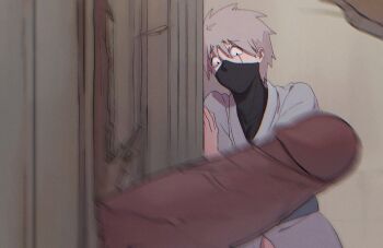 2boys against_wall blurry blurry_foreground door erection grey_hair hatake_kakashi here&#039;s_johnny!_(meme) hiding highres imminent_penetration imminent_rape implied_yaoi japanese_clothes kimono large_penis looking_at_another looking_at_penis male_focus mask meme motion_blur motion_lines mouth_mask multiple_boys naruto_(series) naruto_shippuuden parody penis penis_out presenting scar scar_across_eye scar_on_face scared screaming short_hair sweat the_shining uchiha_obito uw_bucciarati veins veiny_penis what yaoi
