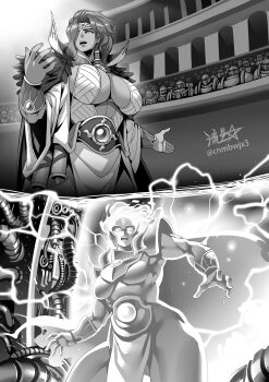 1girl adeptus_astartes armor artist_name audience belt breasts cable center_opening cleavage cleavage_cutout clothing_cutout electricity gauntlets genderswap genderswap_(mtf) glowing glowing_eye greyscale hair_over_one_eye headdress highres horned_armor horns large_breasts magnus_the_red monochrome muscular muscular_female primarch ryuusei_(mark_ii) scroll signature solo spiked_armor spikes thick_thighs thighs thousand_sons warhammer_40k weapon