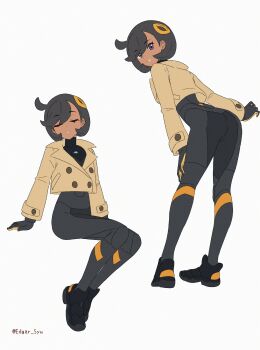 1girl absurdres ass black_bodysuit black_hair bodysuit bodysuit_under_clothes breasts brown_jacket closed_eyes commentary dark-skinned_female dark_skin edgar_syu emma_(pokemon) english_commentary from_behind gloves highres invisible_chair jacket latex latex_bodysuit leaning_forward looking_at_viewer mega_stone multiple_girls multiple_views nintendo orange_gloves parted_lips pokemon pokemon_legends:_z-a presenting presenting_ass short_hair side_ahoge simple_background sitting smile standing unfinished