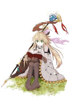 1girl ahoge artoria_caster_(fate) artoria_caster_(first_ascension)_(fate) artoria_pendragon_(fate) bare_shoulders black_pantyhose blonde_hair book boots brown_boots brown_gloves colored_skin fate/grand_order fate_(series) gloves grass green_eyes hair_between_eyes highres holding holding_book long_fall_boots on_grass open_mouth pantyhose pink_ribbon red_ribbon ribbon shusun_sun sitting skirt solo staff twintails vest white_background white_skin white_vest