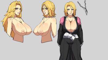 1girl black_kimono bleach bleach:_sennen_kessen-hen blonde_hair blue_eyes breasts chain cleavage collarbone completely_nude grey_background highres hori_hiraki huge_breasts japanese_clothes jewelry kimono lips long_hair looking_at_viewer matsumoto_rangiku mole mole_under_mouth multiple_views necklace nipples nude reference_sheet simple_background smile source_request