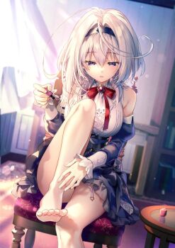 1girl antenna_hair bare_legs barefoot bob_cut brooch chair corset dress dutch_angle frilled_dress frills grey_hair hair_intakes hairband indoors jewelry leg_up lilithea looking_down mata_korosarete_shimatta_nodesune_tantei-sama nail_polish on_chair parted_lips purple_eyes riichu sitting solo table