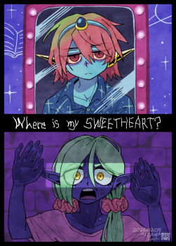 Rule 34 | 2boys, aizawa sachi, alternate costume, alternate hairstyle, artist name, bags under eyes, blue pajamas, blue skin, captain spaceboy, closed mouth, collared pajamas, colored sclera, colored skin, commentary request, dated, double-parted bangs, english text, frown, green hair, hair between eyes, hands up, long hair, looking at mirror, looking at viewer, low twintails, male focus, mirror, multiple boys, omori, open mouth, pajamas, pink eyes, pink hair, pink shirt, pointy ears, purple skin, rococo (omori), shirt, short hair, sweat, teeth, tongue, twintails, upper teeth only, yellow eyes, yellow sclera