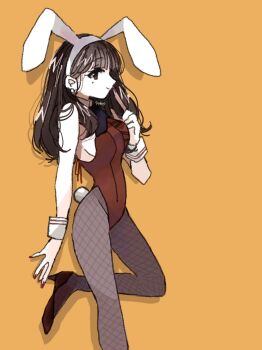 1girl animal_ear_hairband animal_ears breasts brown_hair fake_animal_ears fake_tail fishnet_pantyhose fishnets from_side grey_pantyhose hairband high_heels highres leotard long_hair mole mole_under_eye orange_background original pantyhose playboy_bunny rabbit_ear_hairband rabbit_ears rabbit_tail red_leotard signature simple_background solo standing standing_on_one_leg tail white_wrist_cuffs wrist_cuffs yasu_urayaka
