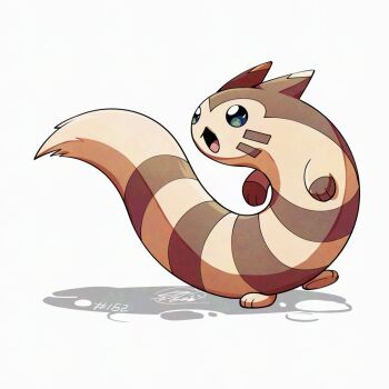 brown_fur full_body furret gen_2_pokemon mistray-art nintendo no_humans open_mouth pokemon pokemon_(creature) signature simple_background solo tail two-tone_fur white_background