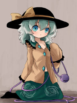 1girl black_hat black_socks blue_eyes blush commentary_request contrast_collar full_body green_hair green_skirt hair_between_eyes hat hat_ribbon heripantomorrow komeiji_koishi long_sleeves looking_at_viewer navel parted_lips ribbon shirt single_bare_shoulder skirt socks solo third_eye touhou wide_sleeves yellow_ribbon yellow_shirt