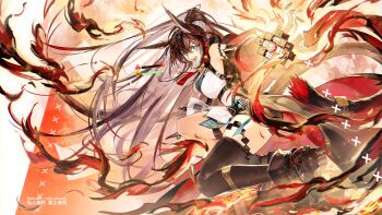 1girl absurdres arknights artist_name black_boots black_gloves black_hair black_shorts black_thighhighs blaze_(arknights) blaze_the_igniting_spark_(arknights) blue_eyes boots breasts chest_harness chinese_commentary commentary_request commission elbow_gloves fire from_side gloves harness highres large_breasts long_hair looking_at_viewer looking_to_the_side open_mouth shirt short_shorts shorts single_thighhigh solo thighhighs very_long_hair white_shirt yomi_tamashi