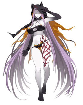 1girl black_skin breasts colored_skin fate/grand_order fate_(series) full_body highres large_breasts leg_tattoo long_hair looking_at_viewer medusa_(fate) medusa_alter_(fate) minami_koyogi multicolored_skin pale_skin purple_hair tattoo very_long_hair yellow_eyes
