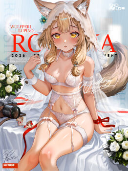 1girl absurdres animal_ears arknights arknights:_endfield azusayoichi blonde_hair blush bra breasts bridal_lingerie bridal_veil commentary cover cover_page ears_through_headwear english_commentary fake_cover fake_magazine_cover garter_belt highres light_areolae lingerie looking_at_viewer magazine_cover medium_hair navel open_mouth panties rossi_(arknights) see-through_clothes see-through_veil single_wrist_cuff sitting small_breasts solo stomach tail thigh_strap underwear underwear_only veil white_bra white_garter_belt white_panties white_wrist_cuffs wolf_ears wolf_girl wolf_tail wrist_cuffs yellow_eyes