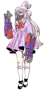 1girl alternate_costume armor blue_eyes bright_pupils colored_eyelashes commentary_request cosplay deux_murasame dress finger_cannon full_body gauntlets grey_hair gundam gundam_gquuuuuux hands_up highres kneehighs long_hair looking_at_viewer mask mecha_musume mouth_mask psycho_gundam_(gquuuuuux) psycho_gundam_(gquuuuuux)_(cosplay) purple_armor purple_dress red_ribbon ribbon socks solo standing tamakoshi_hiroyuki white_eyelashes white_pupils white_socks