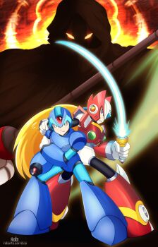 Rule 34 | 3boys, absurdres, arm cannon, armor, blonde hair, blue armor, blue eyes, blue helmet, chest jewel, energy sword, forehead jewel, full body, green eyes, helmet, highres, holding, holding sword, holding weapon, long hair, mega man (series), mega man x4, mega man x (series), multiple boys, red armor, red helmet, rob (robarts), sigma (mega man), sword, weapon, x (mega man), zero (mega man)