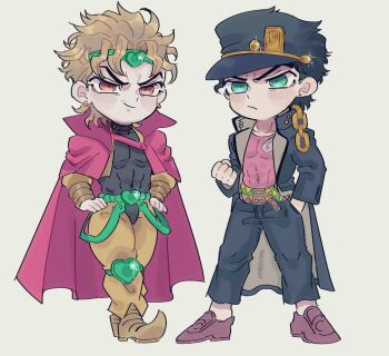 Rule 34 | 2boys, black coat, black hair, blonde hair, cape, chain, clenched hand, coat, commentary, covered abs, dio brando, earrings, frown, gakuran, green eyes, hand in pocket, hands on own hips, jewelry, jojo no kimyou na bouken, knee pads, kuujou joutarou, long coat, male focus, mismatched eyebrows, multiple boys, mutsuki (mutuki05), pectorals, pink shirt, red cape, red eyes, school uniform, shirt, smile, stardust crusaders, stud earrings, symbol-only commentary