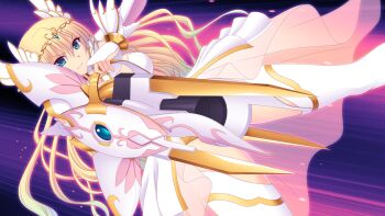 Rule 34 | 1girl, aiming, aiming at viewer, blonde hair, blue eyes, breasts, bridal gauntlets, clenched teeth, en ciel rena, en ciel rena (laelith), energy cannon, game cg, gun, holding, holding cannon, holding weapon, jewelry, kourin tenshi en ciel rena, large variant set, long hair, looking at viewer, magical girl, non-web source, official art, saitou natsuki, solo, suhamaya, teeth, thighhighs, tiara, tomoe rena, variant set, weapon, white thighhighs