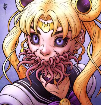 1girl bishoujo_senshi_sailor_moon bishoujo_senshi_sailor_moon_s black_sclera blonde_hair blue_eyes choker circlet colored_sclera commentary cracked_skin creepy crescent crescent_earrings double_bun earrings english_commentary hair_bun highres horror_(theme) jewelry meme monster_girl portrait purple_choker renedraws sailor_moon sailor_moon_redraw_challenge_(meme) signature solo tentacles tsukino_usagi twintails what why