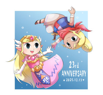 Rule 34 | 2girls, :d, absurdres, anniversary, aogaeru (pixiv46613656), black eyes, blonde hair, blue jacket, blush, closed mouth, commentary request, dark-skinned female, dark skin, dated, dress, dual persona, elbow gloves, full body, gloves, highres, jacket, long hair, looking at another, multiple girls, nintendo, open clothes, open jacket, open mouth, pants, pink dress, pointy ears, princess zelda, red scarf, rotational symmetry, sandals, scarf, short hair, sleeveless, sleeveless jacket, smile, teeth, tetra, the legend of zelda, the legend of zelda: the wind waker, tiara, upper teeth only, very long hair, white gloves, white pants