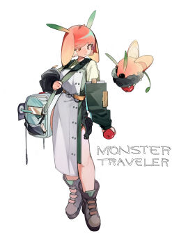1girl absurdres antennae apple bag boots brown_boots commentary food fruit highres holding holding_food holding_fruit insect_wings linween orange_eyes orange_hair original personification wings