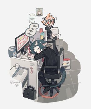 1boy 1girl ahoge alternate_costume animal_ears arknights black_bag black_footwear black_gloves black_hair black_jacket black_necktie black_pants carrying chair closed_eyes collared_shirt cubicle cup desk disposable_cup dragon_bean_(arknights) drooling fingerless_gloves formal_clothes furry furry_female gloves graph grey_background head_on_table highres holding holding_pen indoors jacket long_sleeves messy_hair monitor multicolored_hair necktie notice_lines on_chair open_mouth orange_eyes orange_hair pants paper_stack pen pinstripe_jacket pinstripe_pattern pointy_ears qiubai_(arknights) shirt shoes short_hair sleeping spoken_zzz streaked_hair tail thurim6 tinted_eyewear twitter_username waai_fu_(arknights) water_cooler white_hair white_shirt zuo_le_(arknights) zzz