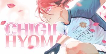 1boy black_gloves blue_lock character_name chigiri_hyoma closed_mouth commentary gloves hair_between_eyes highres kncgngro male_focus manshine_city_soccer_uniform petals red_eyes red_hair running soccer_uniform solo sportswear symbol-only_commentary teeth