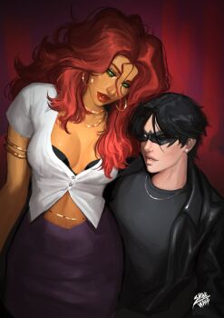 1boy 1girl armlet batman_(series) belly_chain black_hair black_jacket bra bra_peek breasts casual cleavage colored_skin dc_comics dick_grayson domino_mask earrings eye_mask green_eyes highres hoop_earrings jacket jewelry mask necklace orange_skin partially_unbuttoned red_hair red_lips shibewave starfire stud_earrings teen_titans underwear
