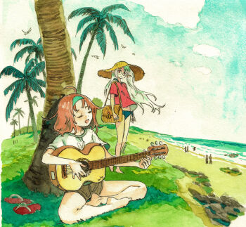 2girls ahoge aqua_bikini arms_at_sides artist_name bag barefoot beach bikini bikini_bottom_only blue_sky brown_shorts closed_eyes cloud commentary_request day dot_nose eudetenis flip-flops floating_hair glasses green_hair green_hairband guitar hairband hat highres holding holding_guitar holding_instrument horizon instrument long_hair looking_at_another medium_hair multiple_girls music no_pants ocean on_ground open_mouth original outdoors painting_(medium) palm_tree people playing_guitar playing_instrument pointy_ears red_eyes red_hair red_shirt round_eyewear sandals shirt shoes short_shorts short_sleeves shorts shoulder_bag simple_bird singing sitting sky slice_of_life standing straw_hat sun_hat swimsuit t-shirt traditional_media tree unworn_shoes watercolor_(medium) white_shirt wind