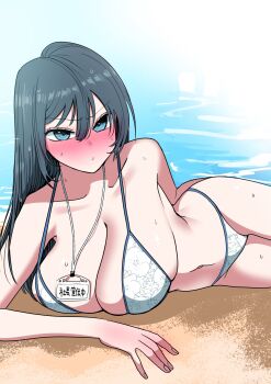 1girl beach bikini black_eyes black_hair blush breast_press breasts cleavage commentary_request hair_between_eyes highres huge_breasts long_hair looking_at_viewer lying navel ocean on_side outdoors sand sideboob solo sweat swimsuit thighs white_bikini zurikishi