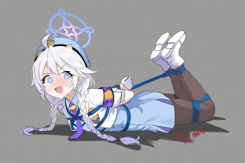 1girl :d ahoge arms_behind_back black_pantyhose blue_archive blue_eyes blue_halo blue_hat blue_shirt blue_skirt blush boots bound bound_arms bound_legs braid bright_pupils collared_shirt commentary double-parted_bangs english_commentary from_side full_body gloves grey_background hair_between_eyes half_gloves halo hat high-waist_skirt highres kirino_(blue_archive) long_hair looking_at_viewer low_twintails lying melissa_v2 nervous_smile nose_blush on_stomach open_mouth pantyhose police police_hat police_uniform policewoman restrained ringed_eyes shirt short_sleeves signature simple_background skirt smile solo sweat tareme the_pose twin_braids twintails v-shaped_eyebrows white_boots white_gloves white_hair white_pupils