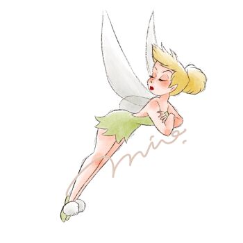 1girl bare_shoulders blonde_hair blue_eyes breasts dress fairy fairy_wings green_dress green_shoes green_tunic hair_bun highres mini_person mio_ney pointy_ears shoes short_hair single_hair_bun solo strapless strapless_dress tinker_bell_(disney) tunic walt_disney&#039;s_peter_pan wings