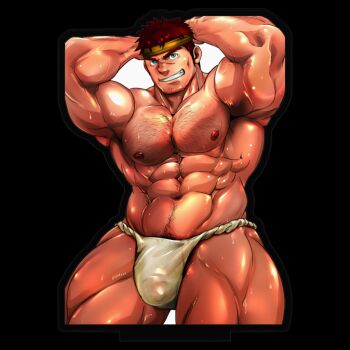 1boy abs bara bulge covered_penis cowboy_shot doro_rich fundoshi grin hairy headband japanese_clothes large_pectorals looking_at_viewer male_focus mature_male merchandise_available muscular muscular_legs muscular_male navel navel_hair nipples pectorals see-through_clothes short_hair smile solo standing stomach strongman_waist thick_chest_hair thick_navel_hair thighs topless_male transparent_background wet wet_clothes wet_fundoshi