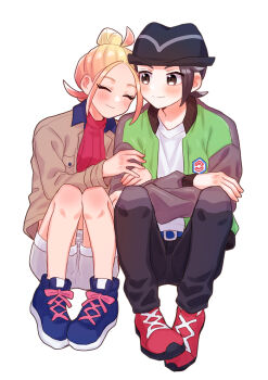 1boy 1girl arm_hug belt black_hair black_hat black_pants blonde_hair blue_belt blue_shoes blush brown_jacket closed_eyes closed_mouth commentary_request green_jacket hair_bun happy hat highres jacket knees long_sleeves mochi_(mocchi_p_2m) nintendo open_clothes open_jacket pants paxton_(pokemon) pokemon pokemon_legends:_z-a red_shirt red_shoes ribbed_shirt shirt shoes shorts simple_background sitting smile taunie_(pokemon) white_background white_shirt